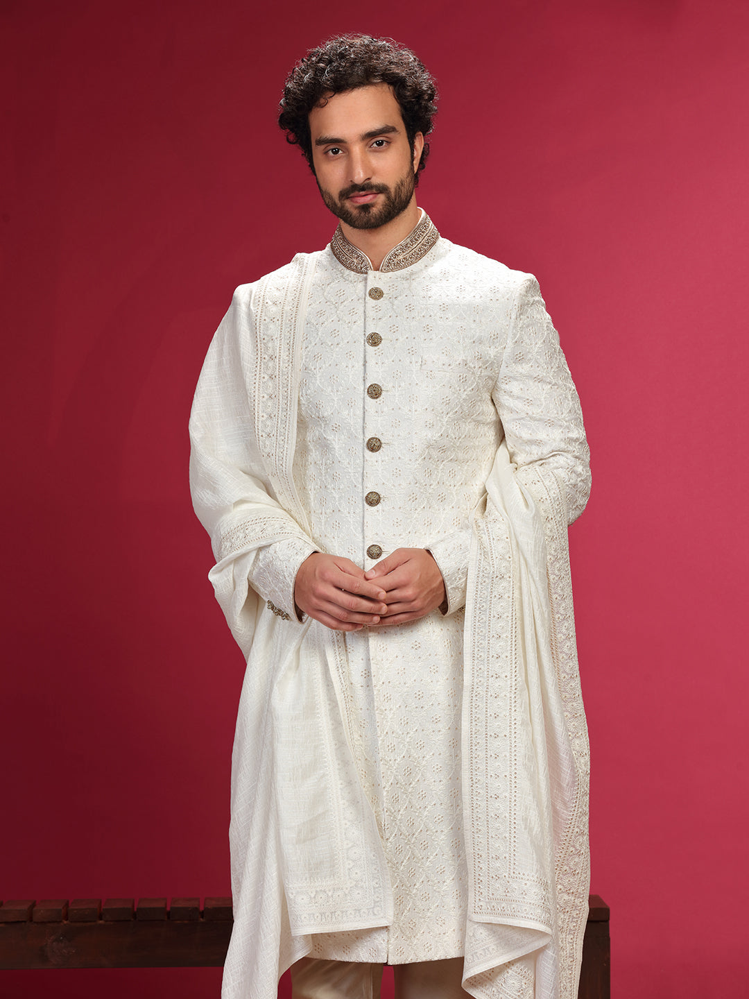 Sherwani Set with Hand Work and Churidar Dupatta.