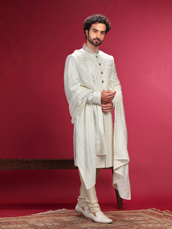 Sherwani Set with Hand Work and Churidar Dupatta.