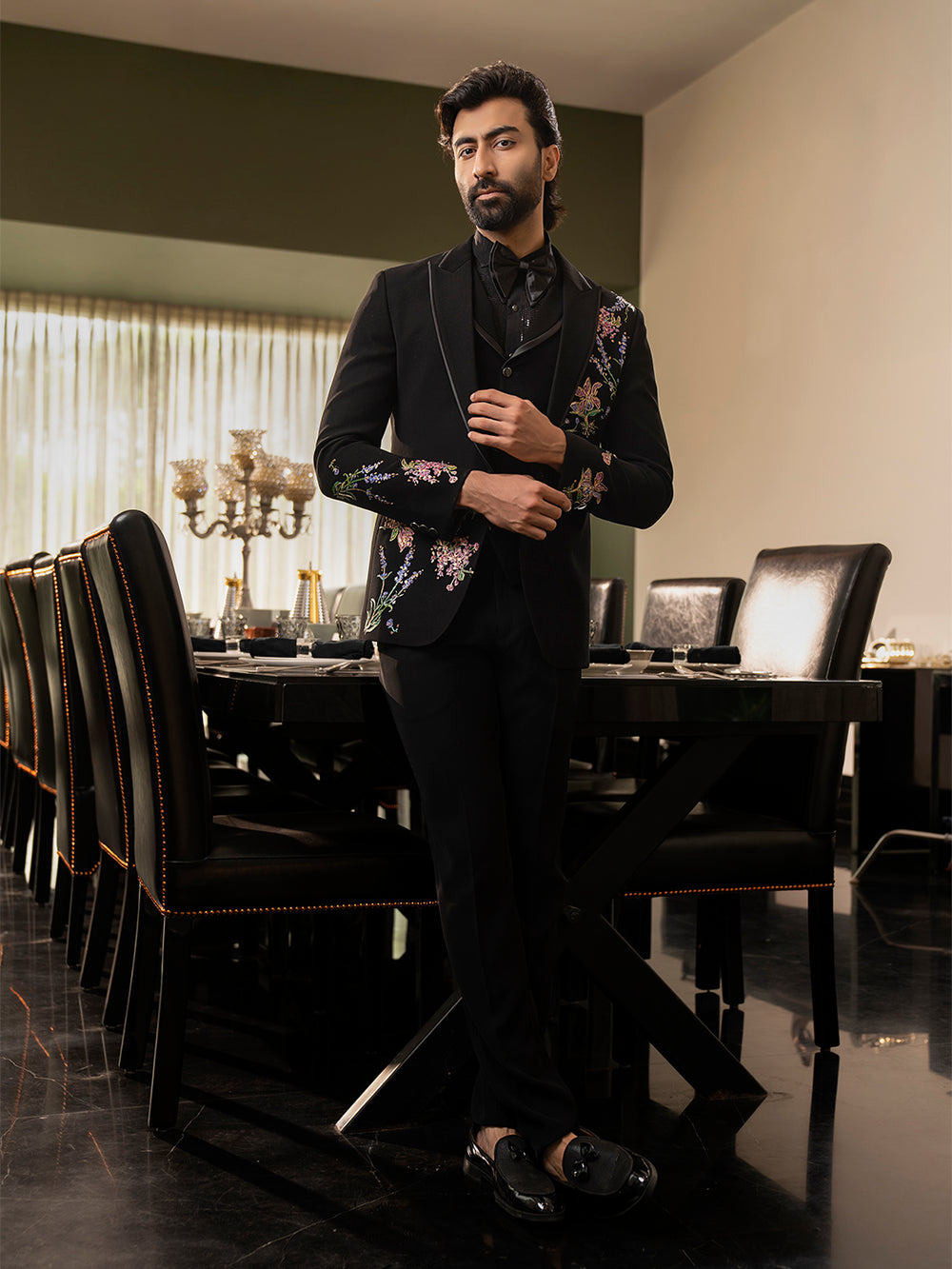 Elevate Your Celebration Look with This Black Prabal Silk Tuxedo Ensemble