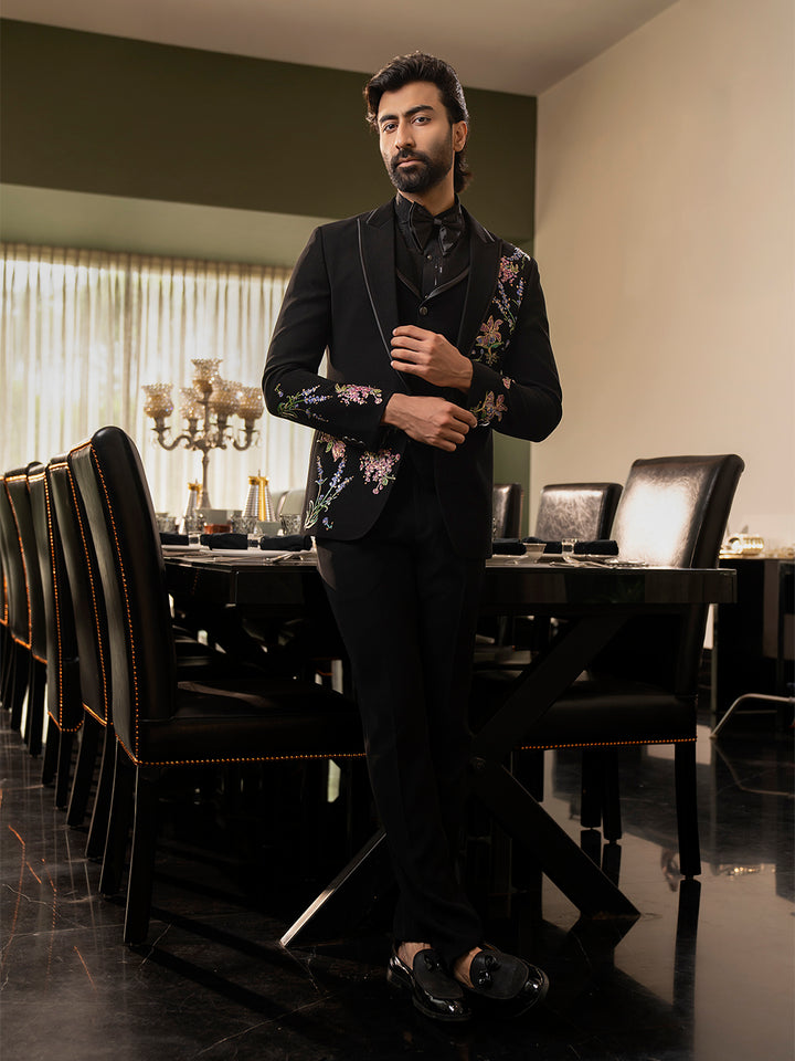 Elevate Your Celebration Look with This Black Prabal Silk Tuxedo Ensemble