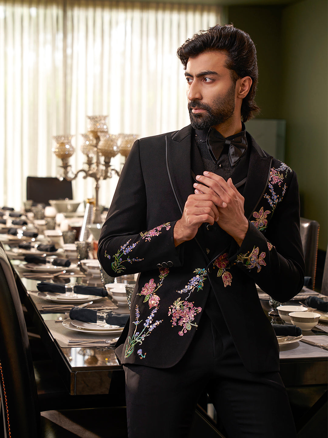 Elevate Your Celebration Look with This Black Prabal Silk Tuxedo Ensemble
