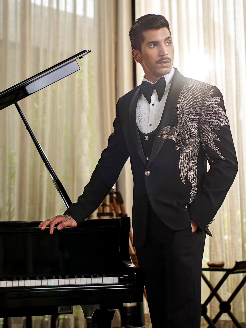Sleek Black Tuxedo in Traxed Silk – Classic Elegance with Modern Detailing