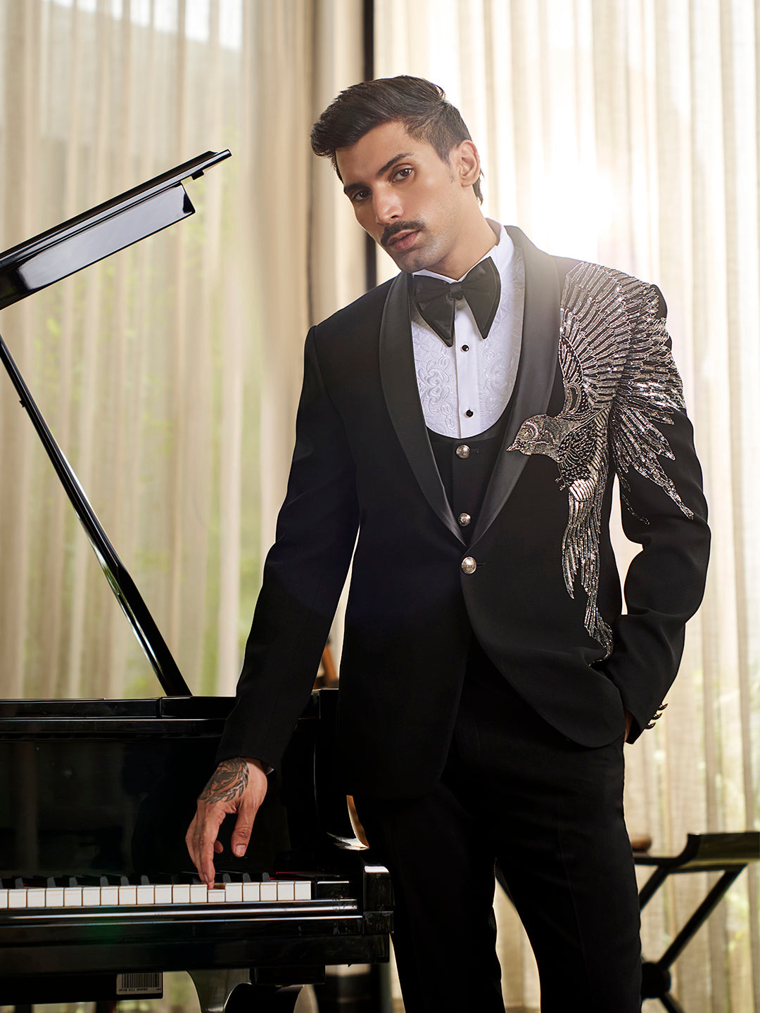 Sleek Black Tuxedo in Traxed Silk – Classic Elegance with Modern Detailing