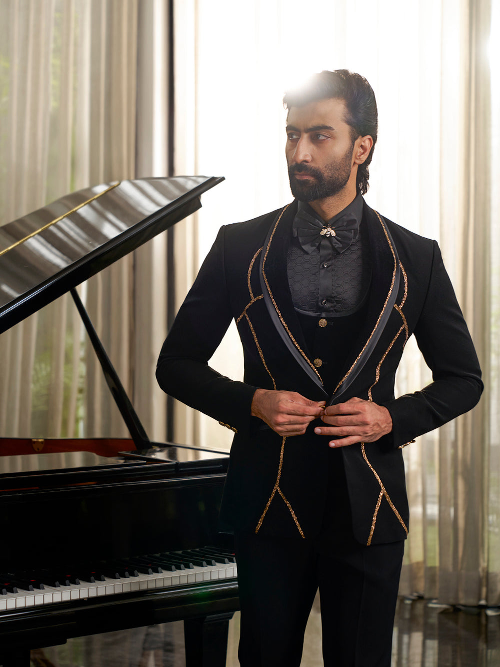 Sophisticated Black Tuxedo suit with Elegant Embroidery