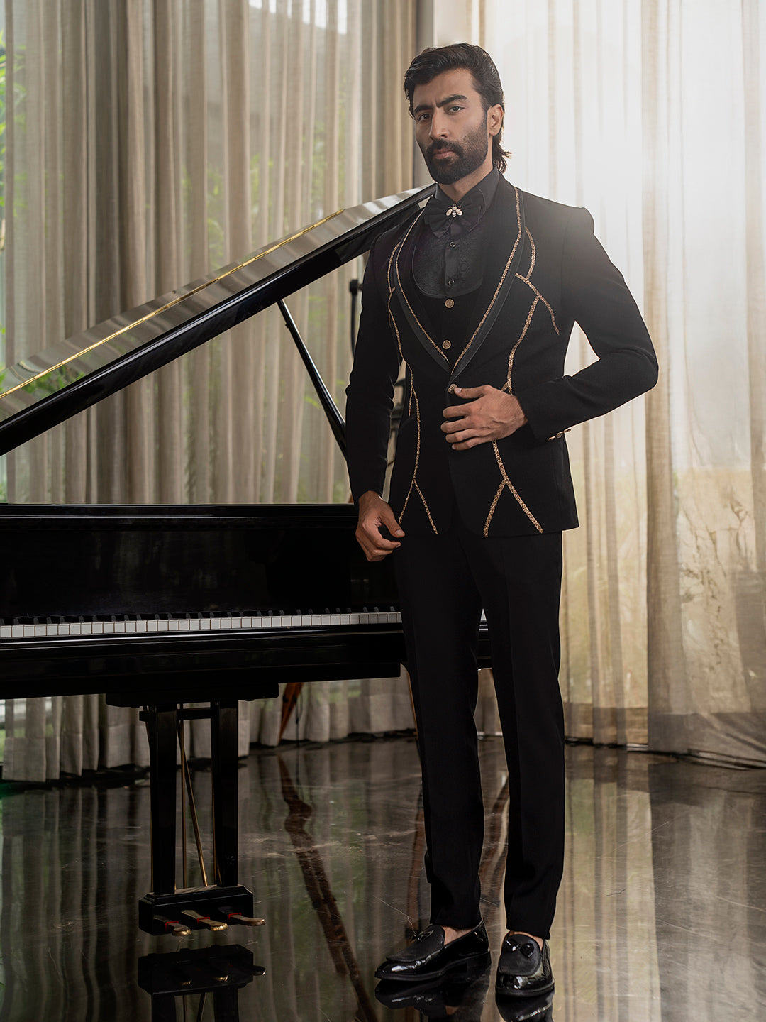 Sophisticated Black Tuxedo suit with Elegant Embroidery