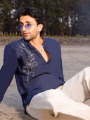 Navy Floral Embroidered Linen Short Kurta With Full Sleeves
