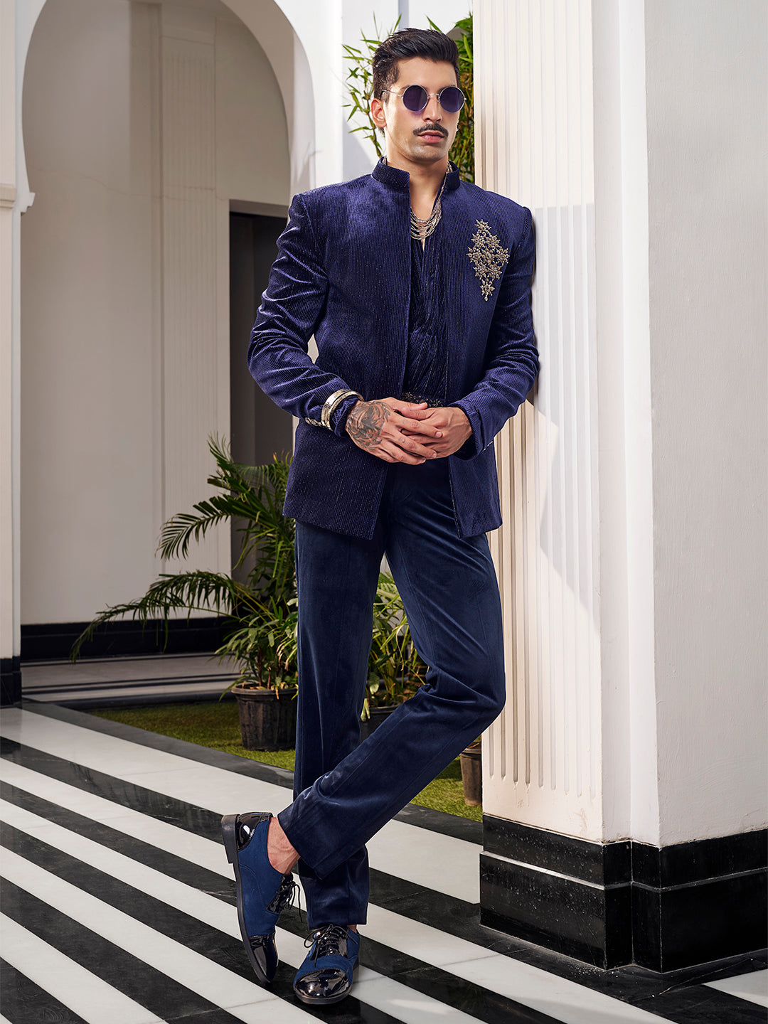 Refined Navy Jodhpuri in Silk Velvet