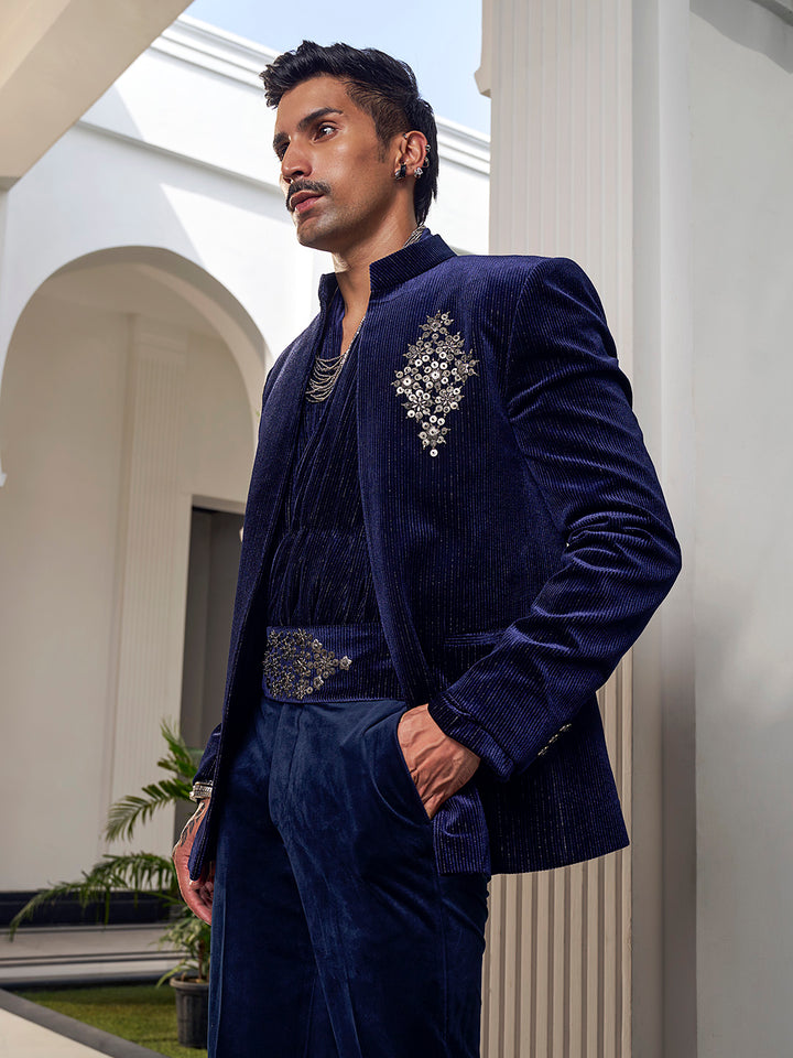 Refined Navy Jodhpuri in Silk Velvet