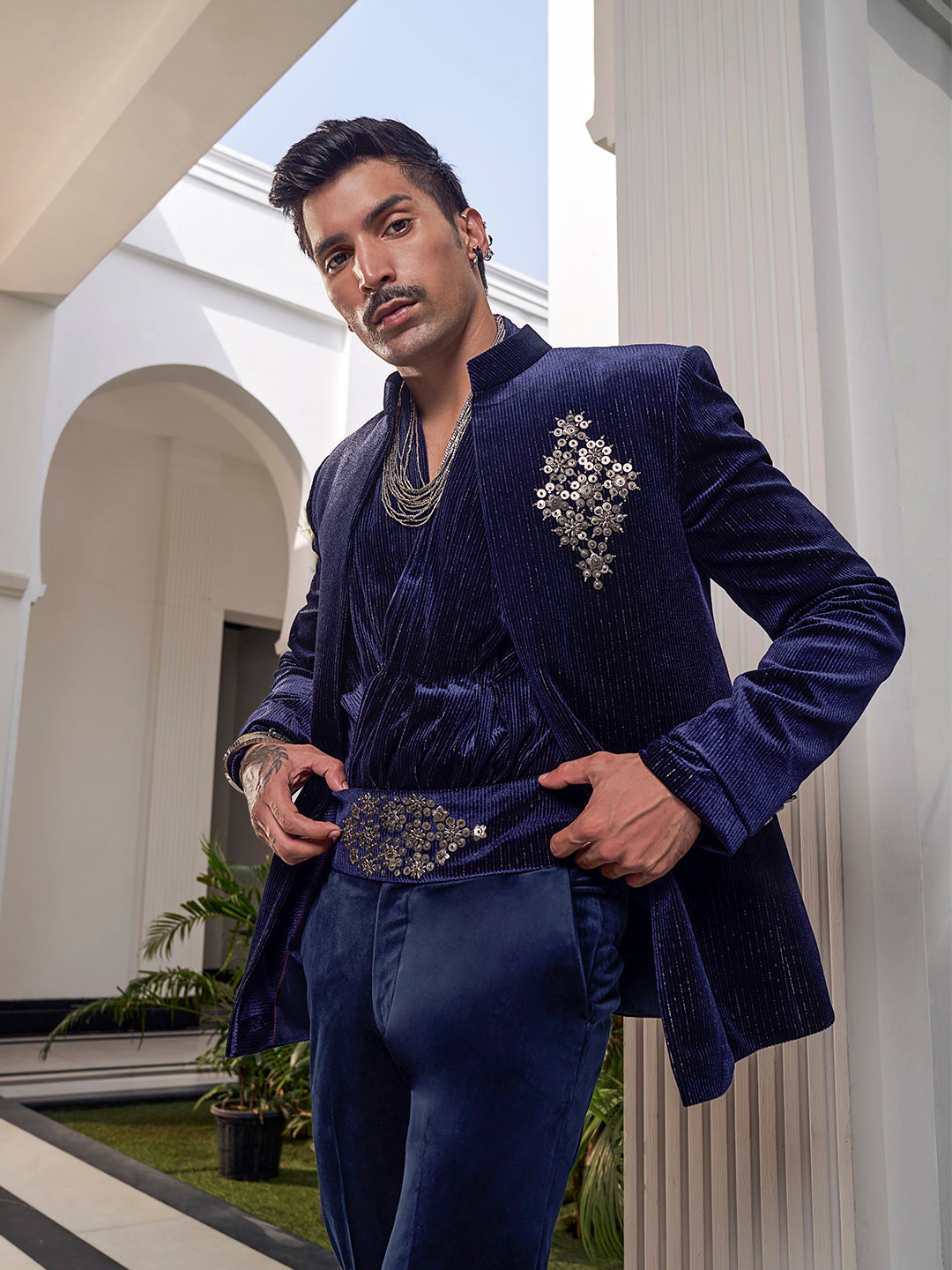 Refined Navy Jodhpuri in Silk Velvet