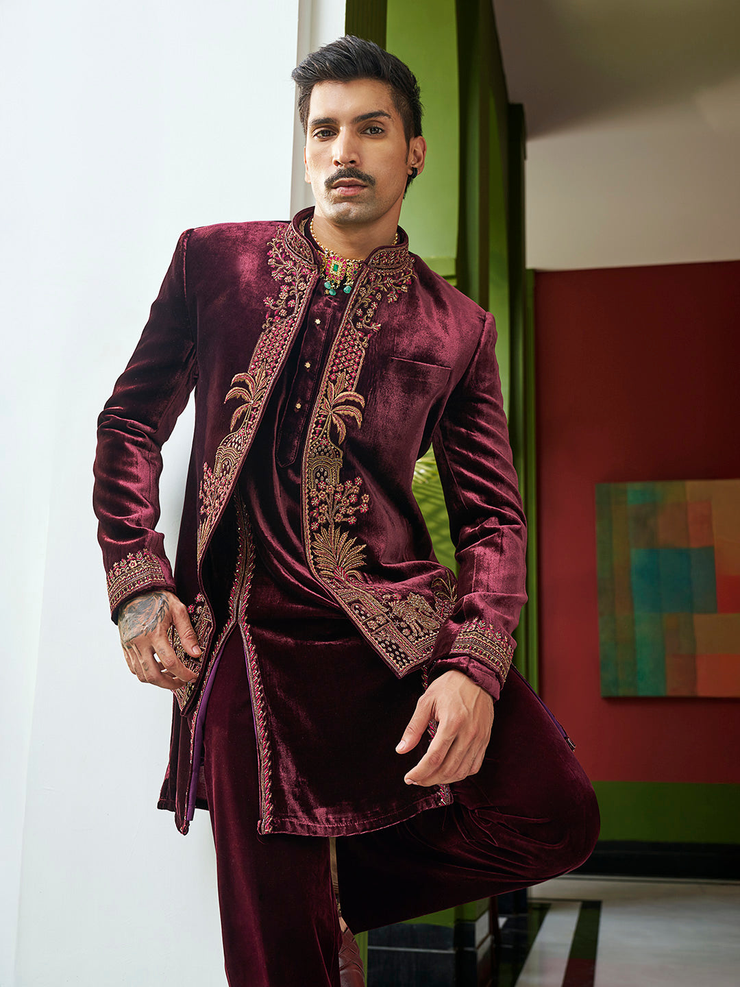 Elegant Wine Jodhpuri in Silk Velvet – A Bold Statement in Royal Sophistication - KORANM