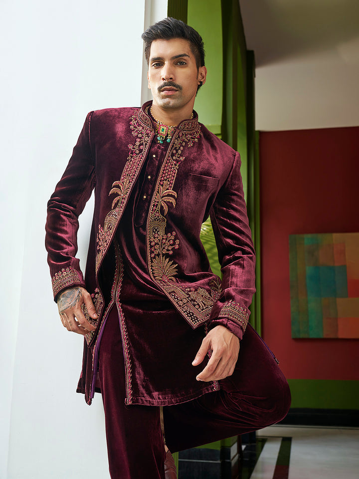 Elegant Wine Jodhpuri in Silk Velvet – A Bold Statement in Royal Sophistication