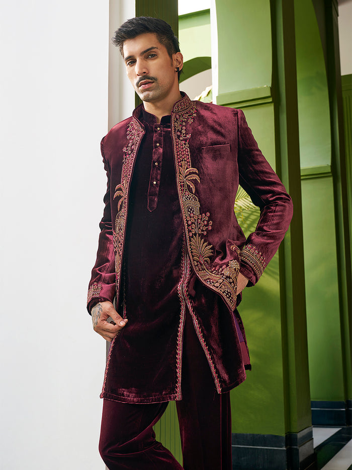 Elegant Wine Jodhpuri in Silk Velvet – A Bold Statement in Royal Sophistication - KORANM