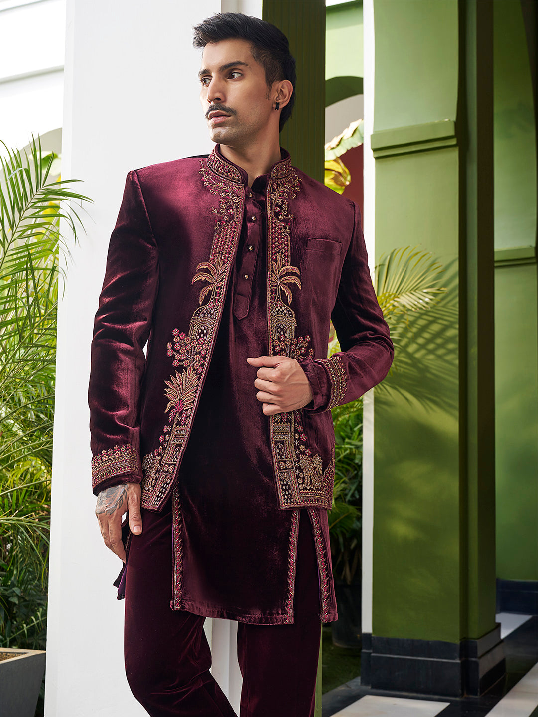 Elegant Wine Jodhpuri in Silk Velvet – A Bold Statement in Royal Sophistication - KORANM