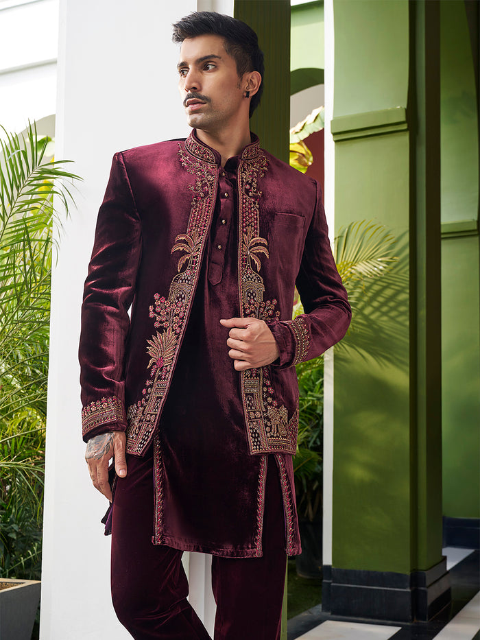 Elegant Wine Jodhpuri in Silk Velvet – A Bold Statement in Royal Sophistication - KORANM