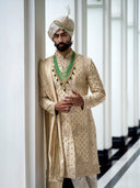 Light Gold Sherwani in Tissue Silk – A Subtle Statement of Regal Sophistication