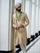 Light Gold Sherwani in Tissue Silk – A Subtle Statement of Regal Sophistication