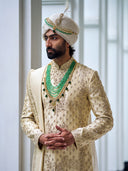 Light Gold Sherwani in Tissue Silk – A Subtle Statement of Regal Sophistication