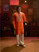 Rose Silk Printed & Mirror Work Kurta Set with Off White Palazzo Pant | Men's Festive Wear