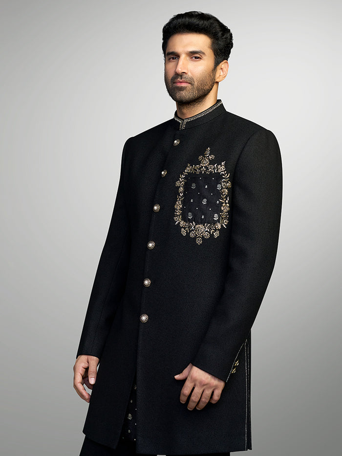 Black Embroidered Matka Silk Sherwani Set – Aditya Roy Kapur Collection