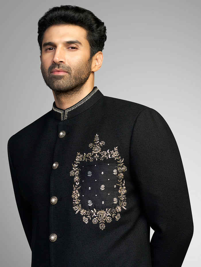 Black Embroidered Matka Silk Sherwani Set – Aditya Roy Kapur Collection