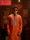 Rose Silk Printed & Mirror Work Kurta Set with Off White Palazzo Pant | Men's Festive Wear