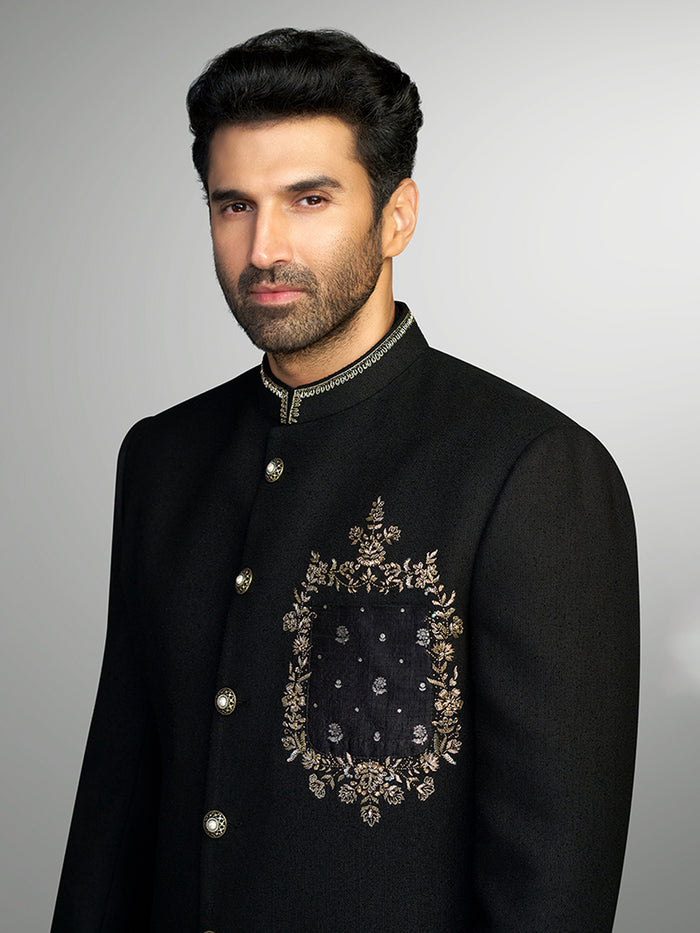 Black Embroidered Matka Silk Sherwani Set – Aditya Roy Kapur Collection