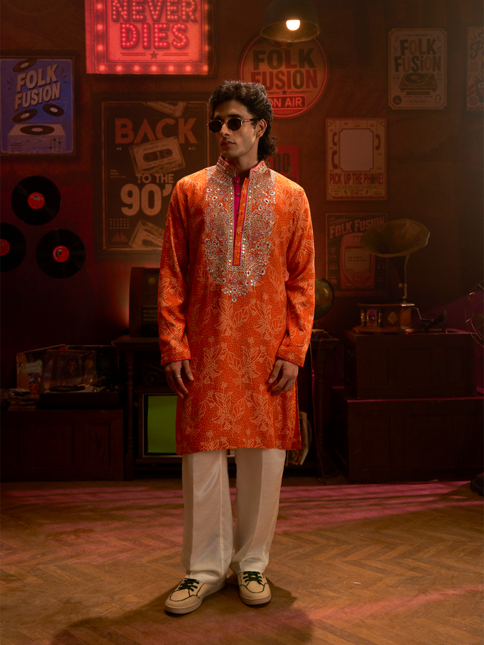 Rose Silk Printed & Mirror Work Kurta Set with Off White Palazzo Pant | Men's Festive Wear