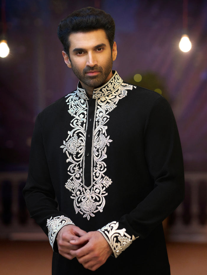 Black Satin Silk Embroidered Kurta Set- Aditya Roy Kapur Collection