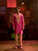 Fuchsia Pink Blend Silk Printed & Embroidered Kurta with Beige Palazzo Bottom - KORANM