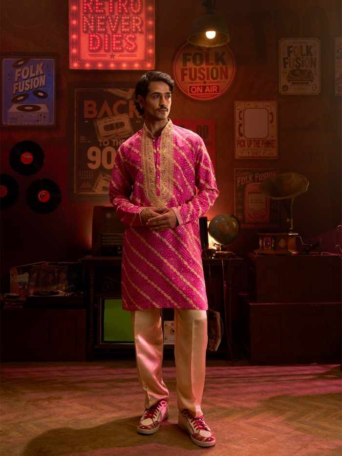 Fuchsia Pink Blend Silk Printed & Embroidered Kurta with Beige Palazzo Bottom - KORANM