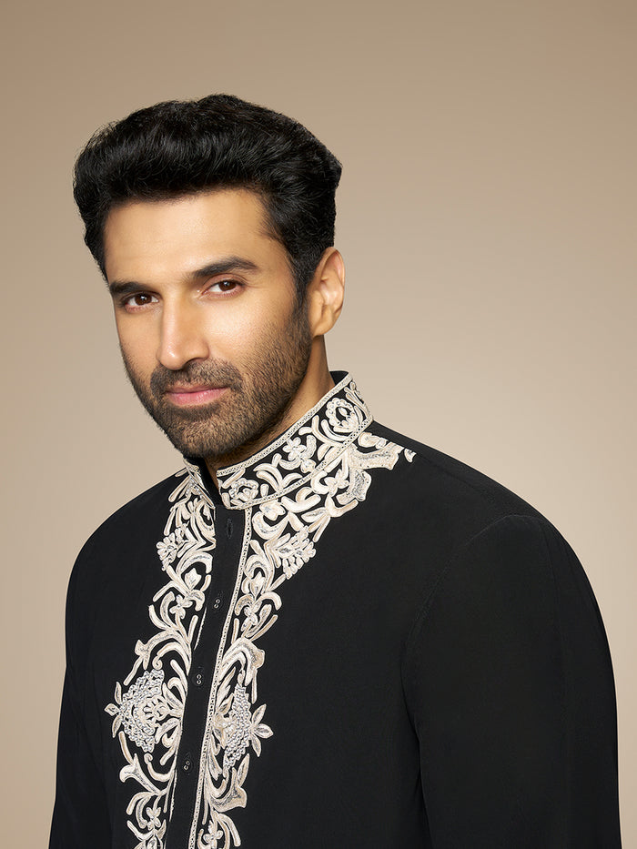Black Satin Silk Embroidered Kurta Set- Aditya Roy Kapur Collection