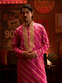 Fuchsia Pink Blend Silk Printed & Embroidered Kurta with Beige Palazzo Bottom - KORANM