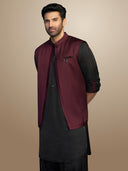 Black Slub Satin Open Bandi Kurta Set with Salwar - Aditya Roy Kapur Collection