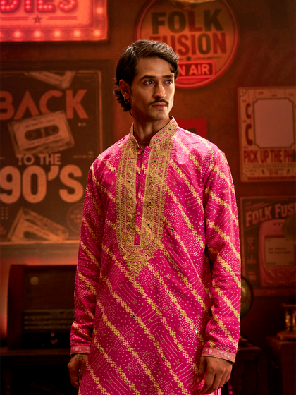 Fuchsia Pink Blend Silk Printed & Embroidered Kurta with Beige Palazzo Bottom for Men