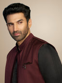 Black Slub Satin Open Bandi Kurta Set with Salwar - Aditya Roy Kapur Collection