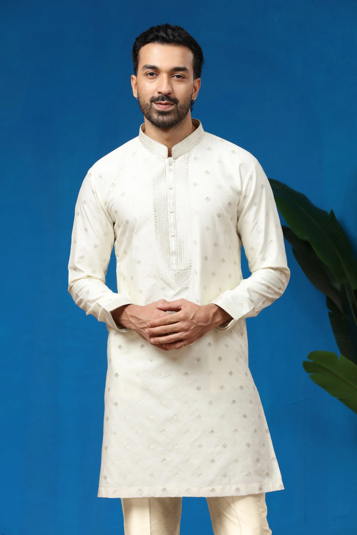 Ivory Jacquard Silk Embroidered Kurta with Antique Aligarhi Pants