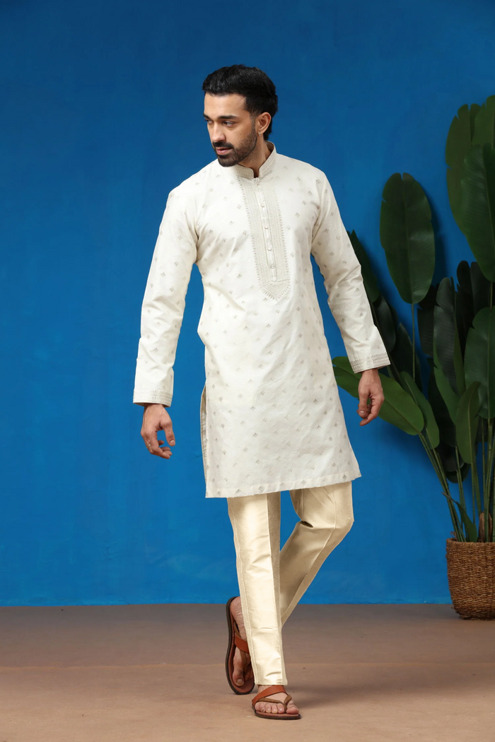 Ivory Jacquard Silk Embroidered Kurta with Antique Aligarhi Pants