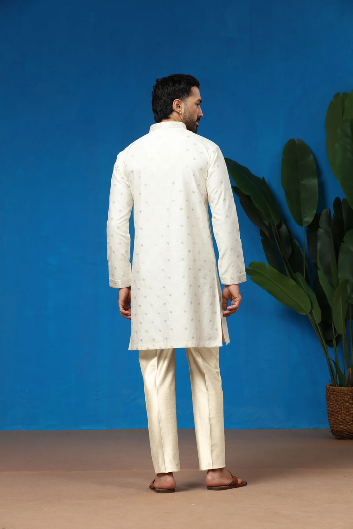 Ivory Jacquard Silk Embroidered Kurta with Antique Aligarhi Pants