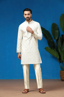 Ivory Jacquard Silk Embroidered Kurta with Antique Aligarhi Pants