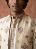 Warm Beige Silk Kurta, Embroidered Bandi Jacket & Palazzo