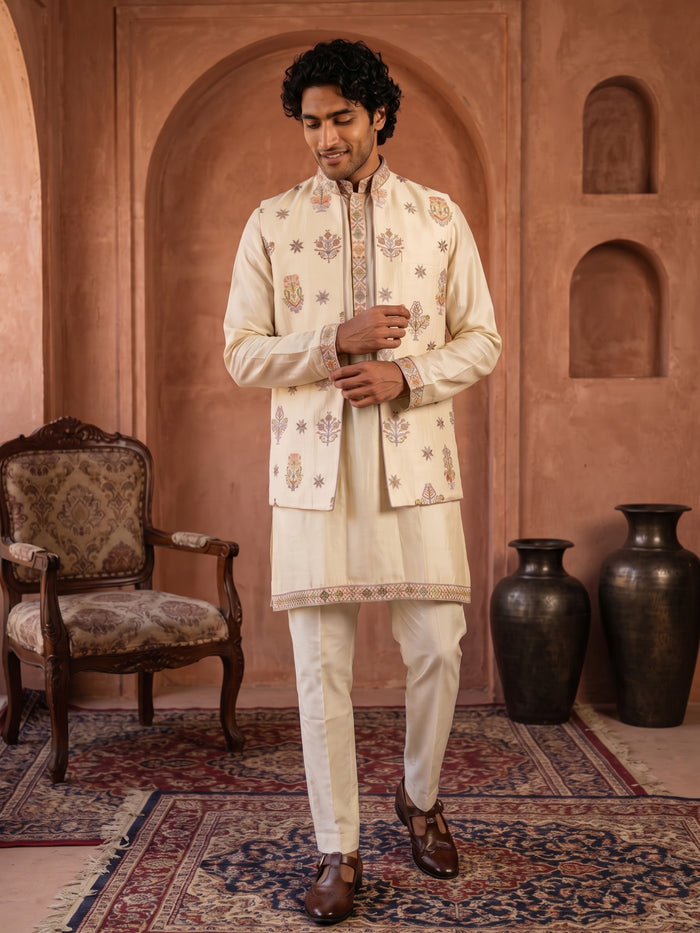Warm Beige Silk Kurta, Embroidered Bandi Jacket & Palazzo