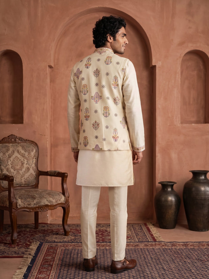 Warm Beige Silk Kurta, Embroidered Bandi Jacket & Palazzo