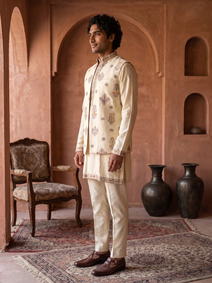 Warm Beige Silk Kurta, Embroidered Bandi Jacket & Palazzo