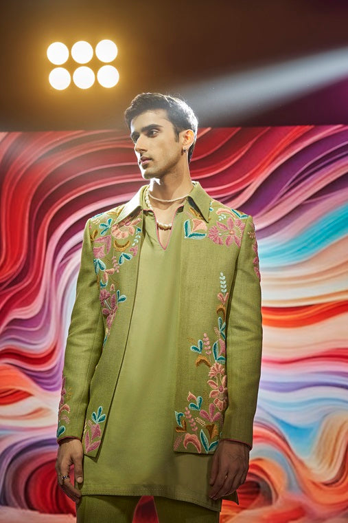 Olive Khadi Silk with Floral Placement Embroidery Front-Open Jodhpuri Set