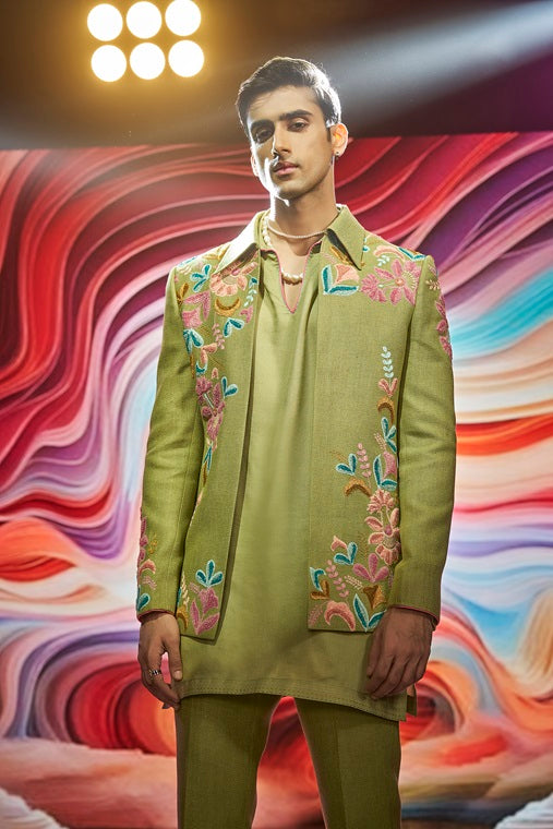 Olive Khadi Silk with Floral Placement Embroidery Front-Open Jodhpuri Set
