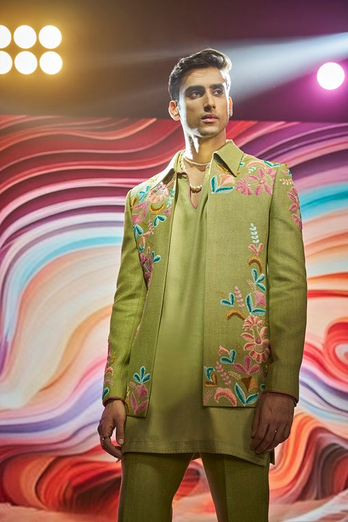 Olive Khadi Silk with Floral Placement Embroidery Front-Open Jodhpuri Set