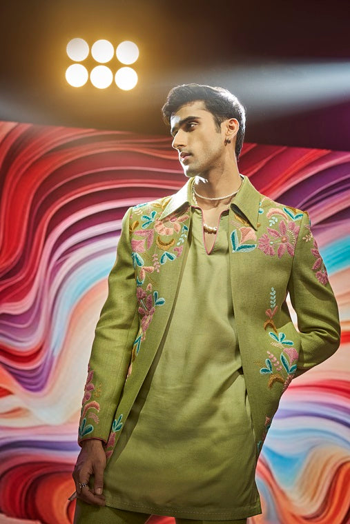 Olive Khadi Silk with Floral Placement Embroidery Front-Open Jodhpuri Set