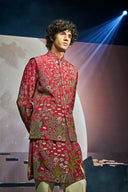 Red Silk Floral and Animal Embroidery Kurta Jacket Set