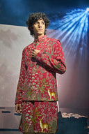 Red Silk Floral and Animal Embroidery Kurta Jacket Set