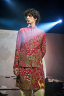 Red Silk Floral and Animal Embroidery Kurta Jacket Set